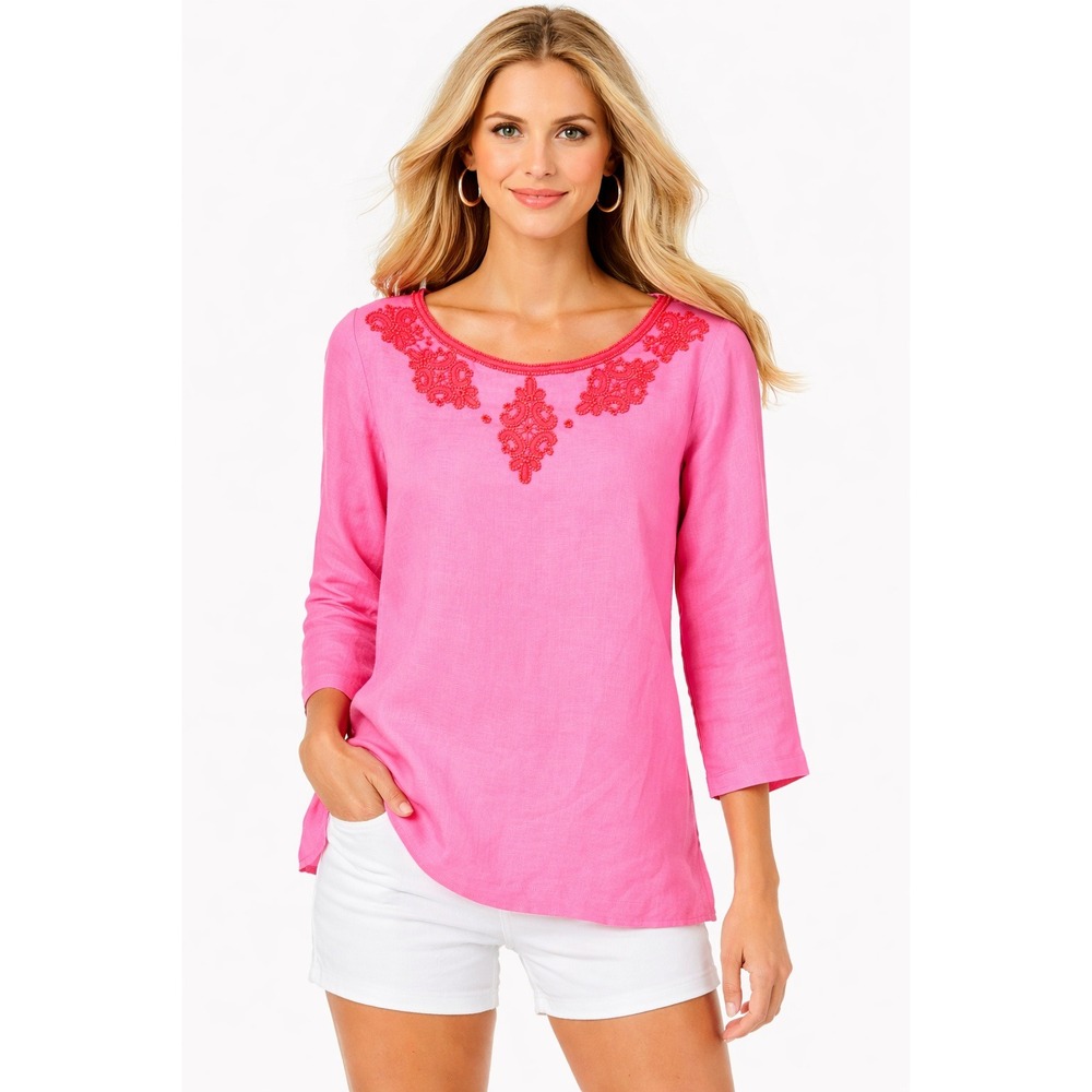 Lilly Pulitzer Elyn Beaded Embroidered 3/4 Sleeve Linen Top Pink Women's Size 12
